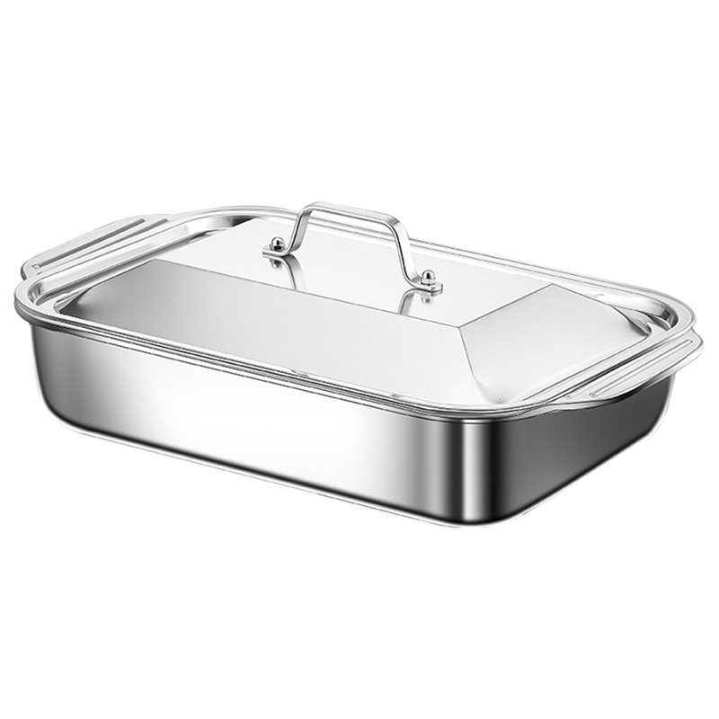 Rust-Proof Stainless Steel Rectangular Deep Tray with Handle Multi-Purpose Food Storage for Kitchen Use Tools