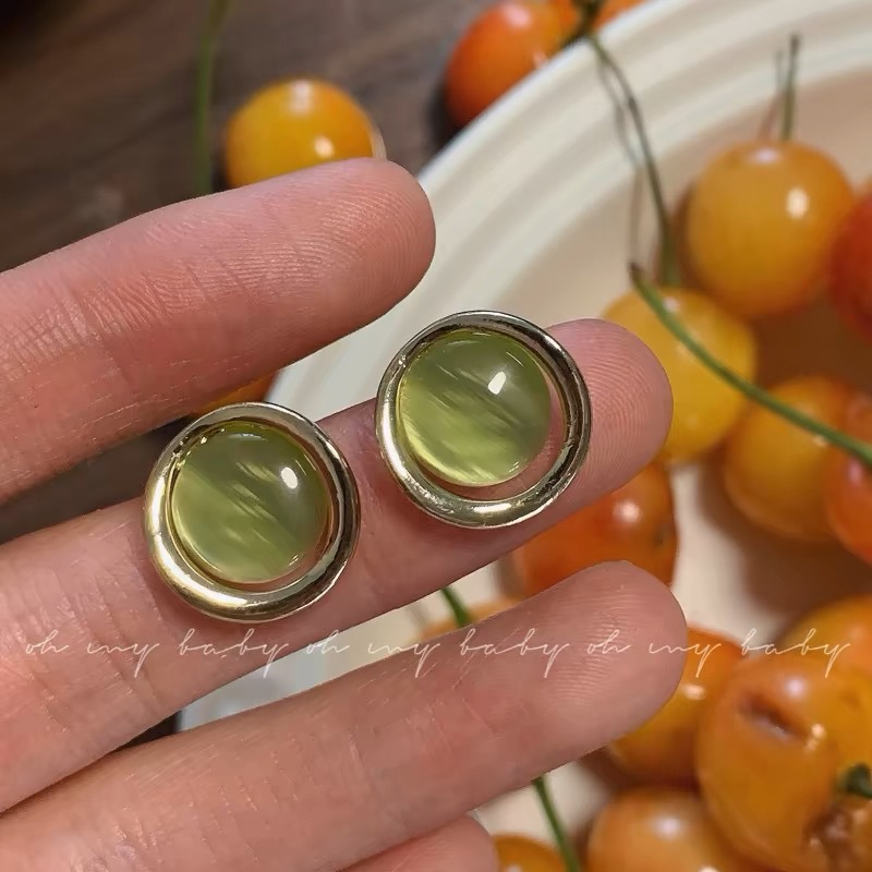 quality】S925 Needle Cat's Eye Stone Earrings Women's Mori Simple Earrings New Style Ear Jewelry