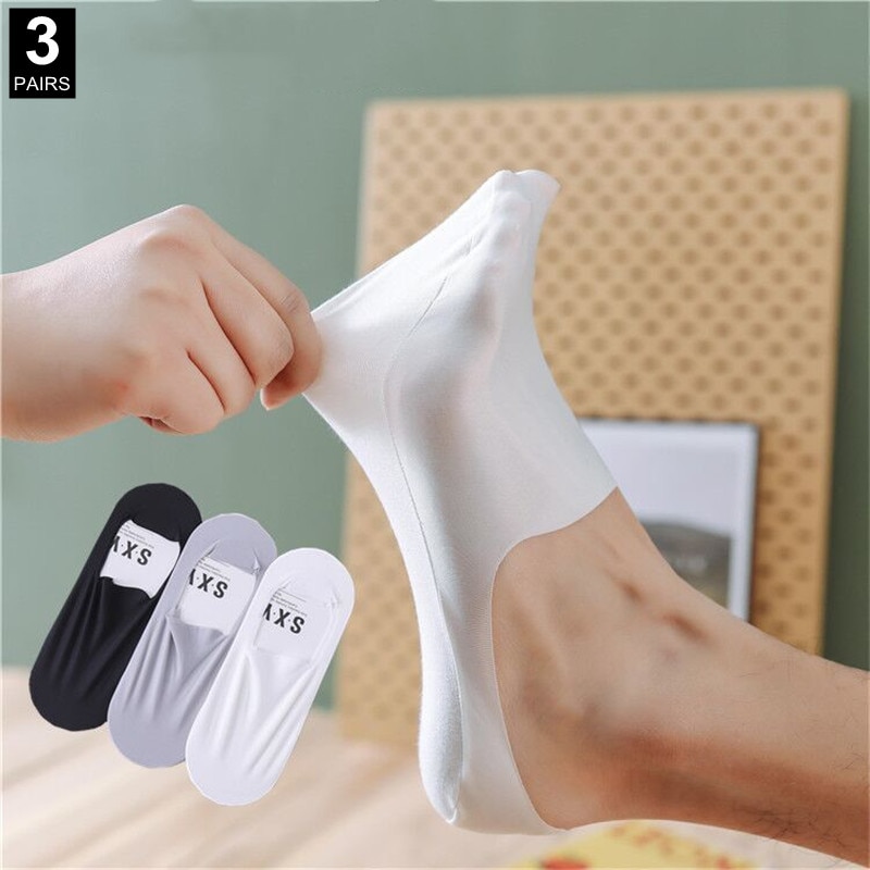 New 6 Pcs=3 Pairs Ultra-thin Men's Summer Ice Silk Boat Socks Male Shallow Mouth Silicone Invisible Socks Cotton Bottom