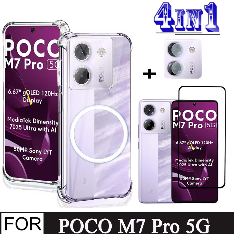 4in1 Poco M7 Pro กรณีสติกเกอร์แม่เหล็กกันกระแทกเคสโทรศัพท์สําหรับ Xiaomi Poco M7Pro F7Pro กระจกนิรภัยป้องกันหน้าจอฟิล์ม