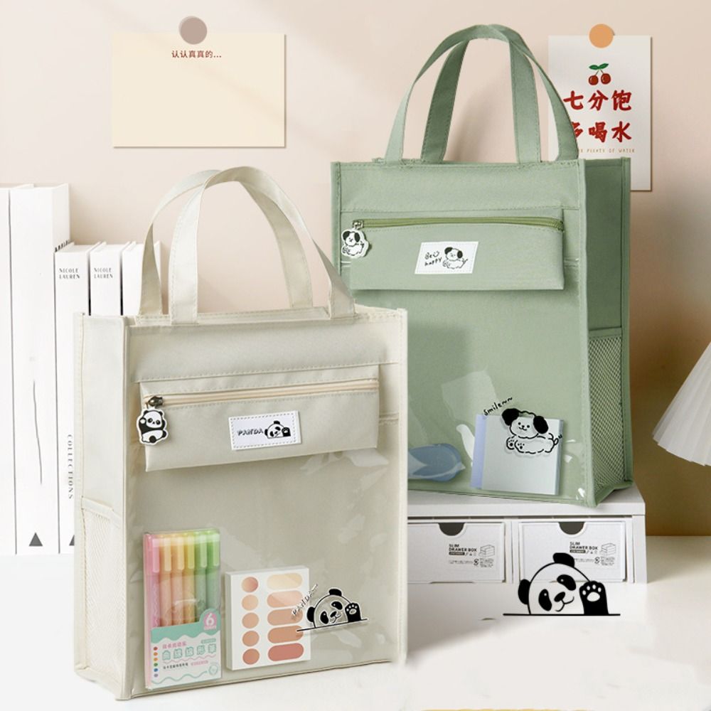 Cute Panda Dog Cartoon Tote Bag Transparent Multiple Pockets Student Tutorial Bag Oxford Cloth Large Capacity Shoulder Handbag Document