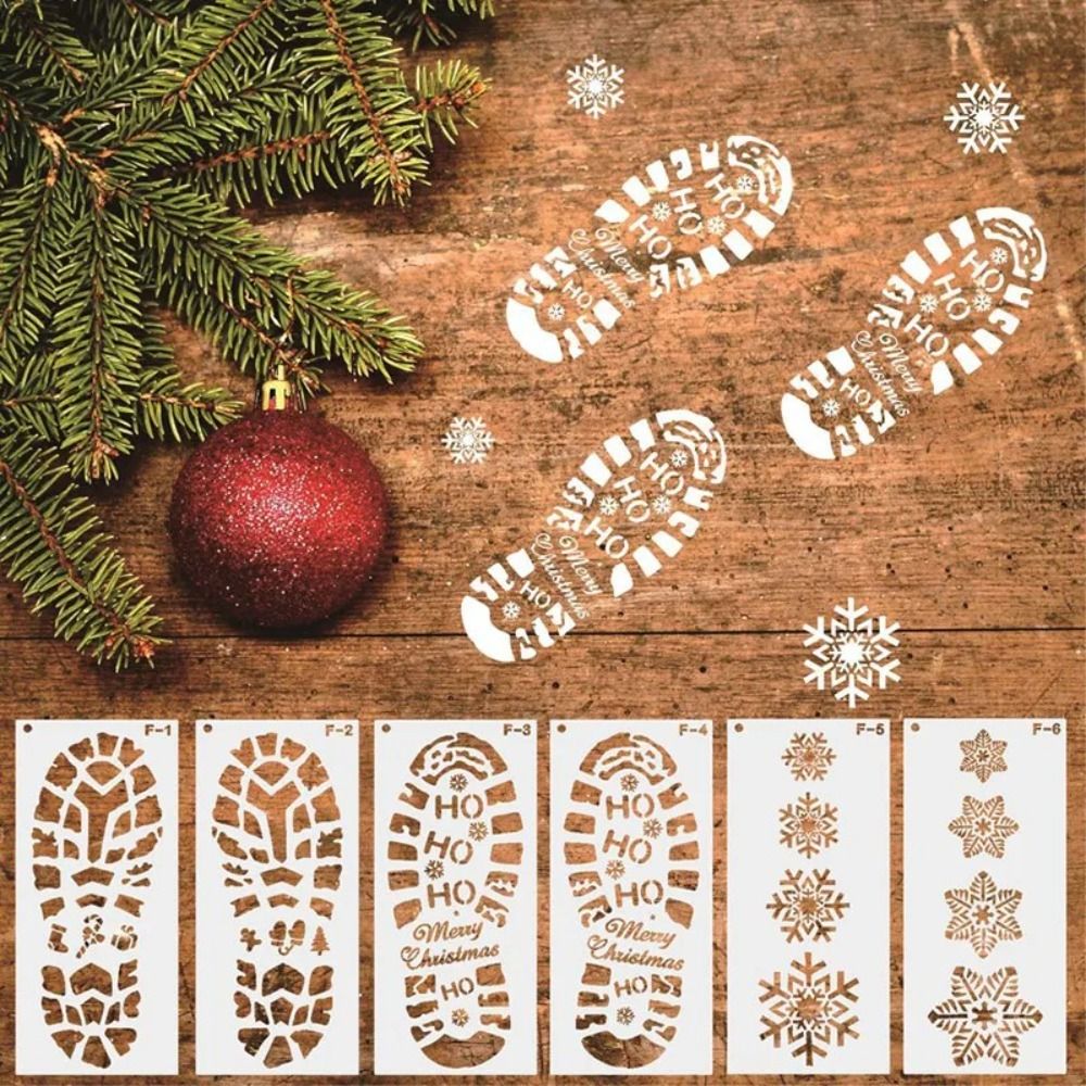 6PCS DIY Craft Album Decorative Christmas Snowflake Stencils Template Cute Snowman Footprints Embossing Stencil Floor Decor Wall Window Painting Template Home Decor