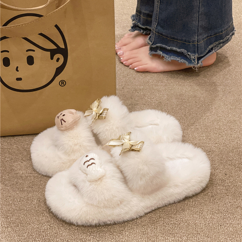 Cute Mao Mao slippers women's 2024 autumn and winter new wear thick bottom fleece-lined thick bottom anti-slip cotton slippers for women