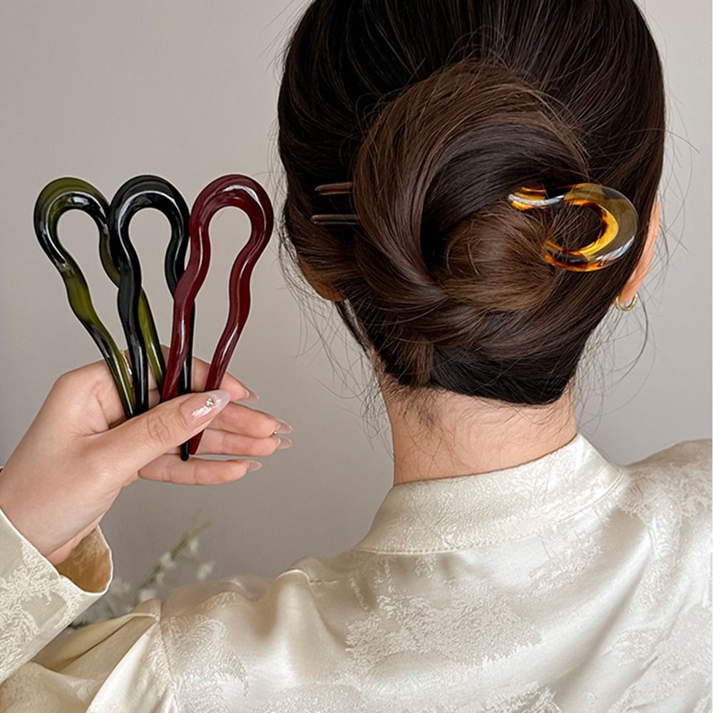 Elegant Resin Hair Fork U-Shaped Headwear Hair Sticks Geometric Design Hairpin for Women Girls