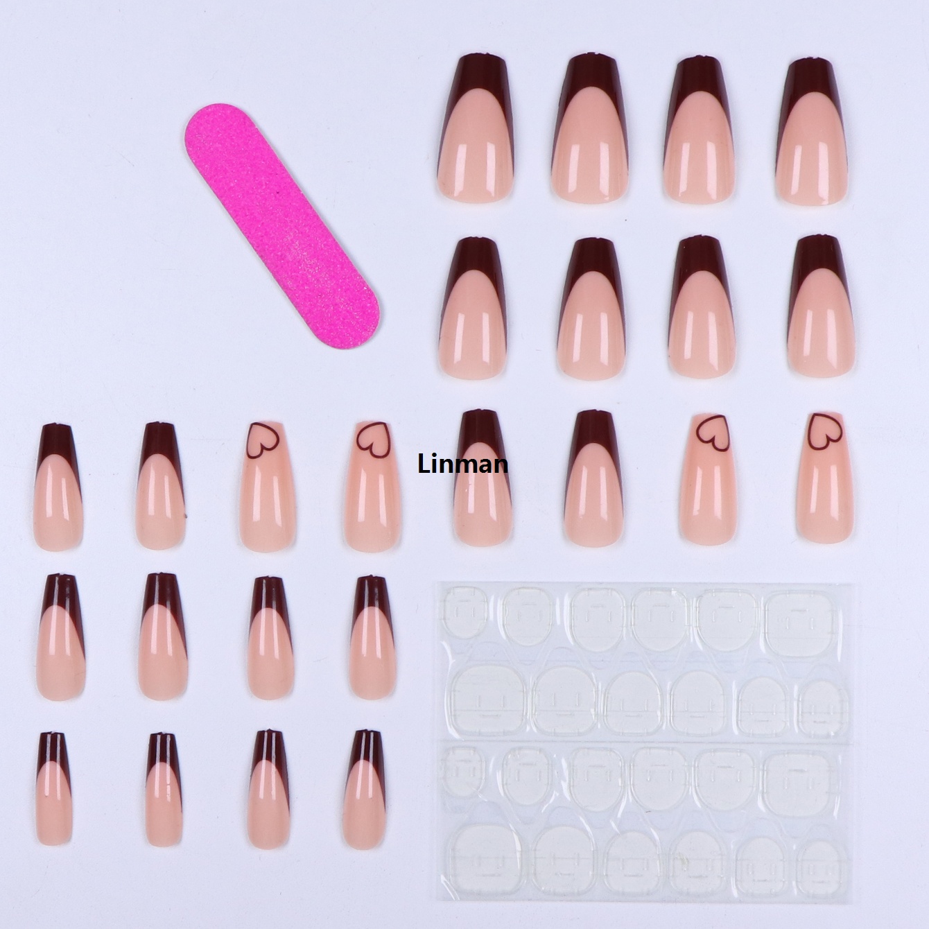 24pcs Ballerina Brown French nails hearts pattern Detachable And Reusable Jelly Glue 1pc Cuticle Pusher, Suitable For Women