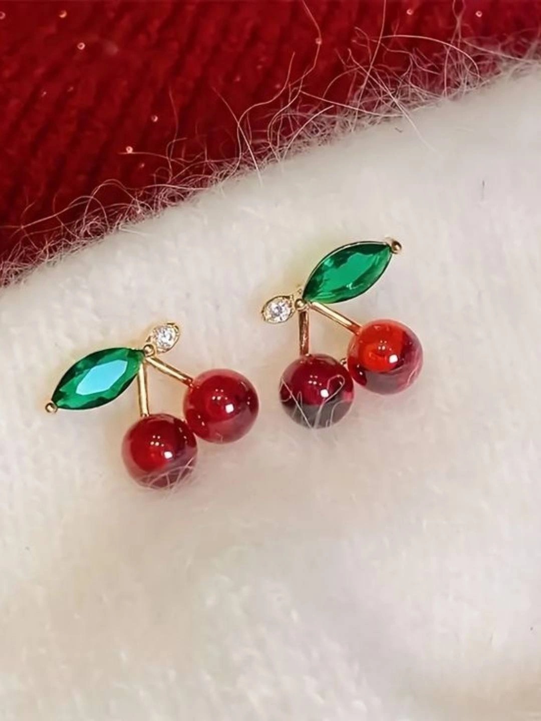 Earrings for girls Sweet Cherry Red Stone Crystal Small Bow Stud Korean Western Earrings for Women