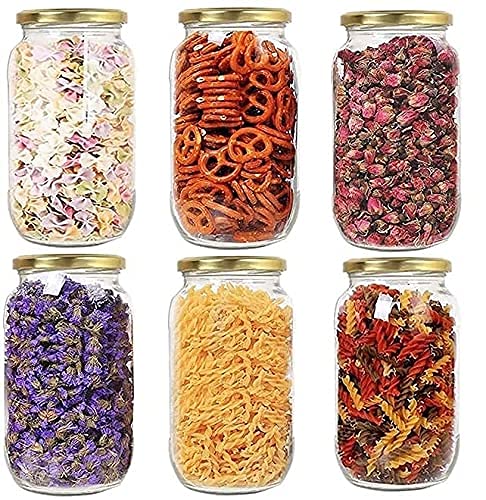 ME 6 Piece Set of Ezalla1 Liter Round Glass Jar and Container (1000 ml) with Rust Proof Air Tight Golden Lid for Kitchen Storage Jar, Pickle Glass Sauce Jam jar (PACK OF 6)