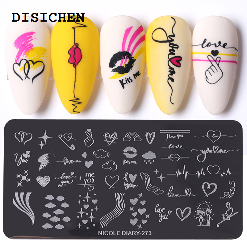 DISICHEN 2025 New NICOLE DIARY Heartbeat Nail Stamping Plates Sweet Heart Lips Printing Stencil Manicuring Art Stamp Templates Nail Tools