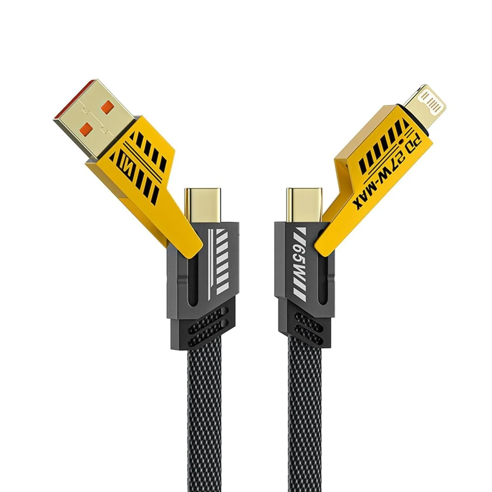 Premium Metal USB Charging Cable Nylon 4 in 1 Fast Charging Cable (Type C/USB A/Lightning) Dual Type C PD 27W 65W Nylon Braided Cable | Flat Braided i-Phone Charging Cable with Velcro Multi Charging Cable Combo Type C/USB-A Ports