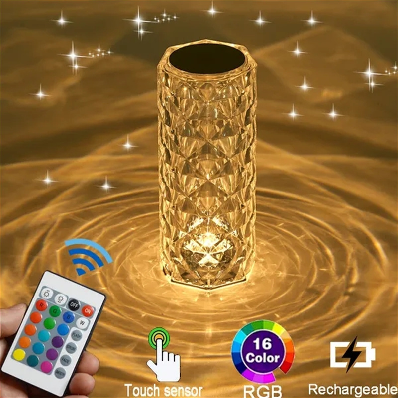 Crystal Diamond USB Rechargeable Table Lamp Colour Changing Touch Control Night Light With Remote Control