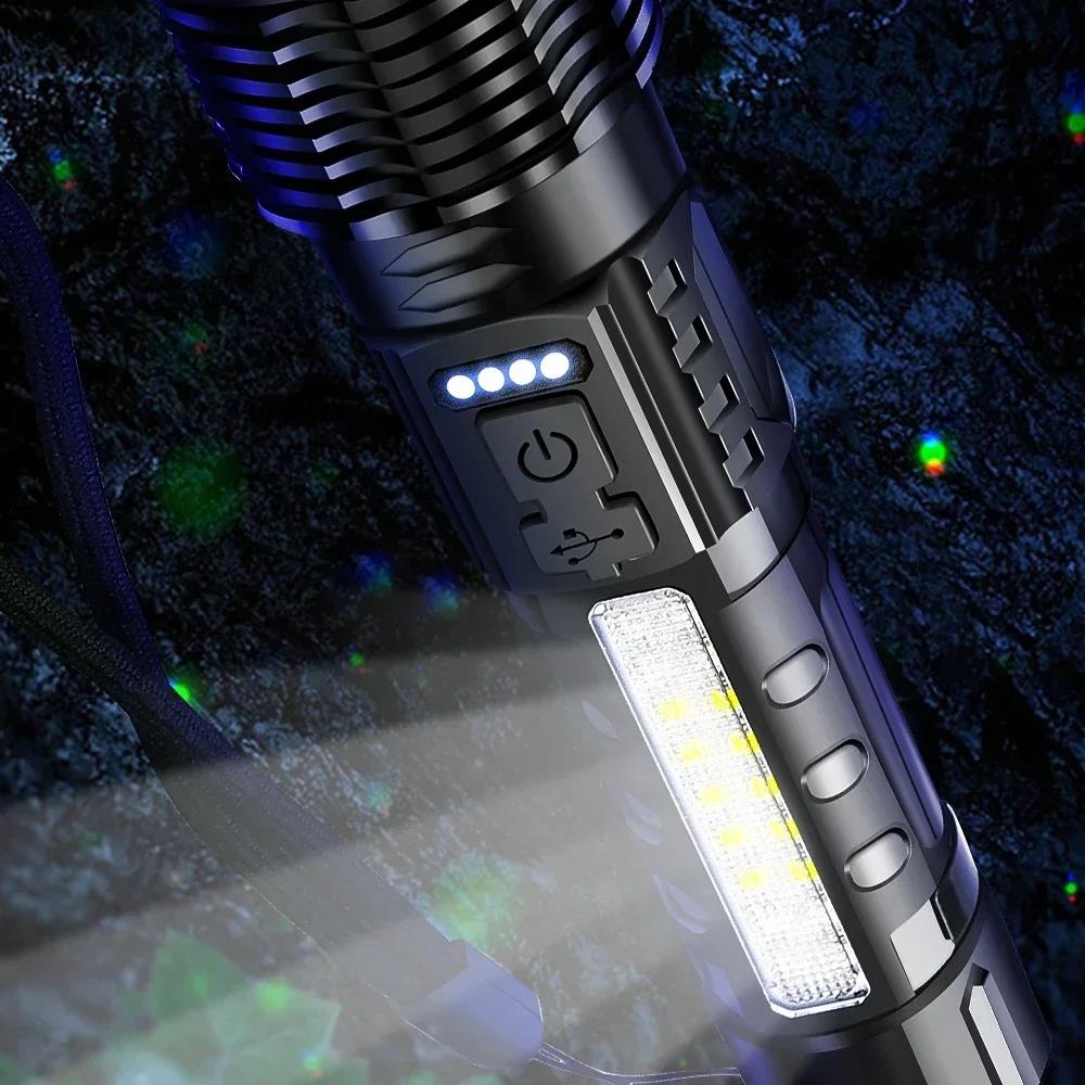 Original 30W COB Strong LED Flashlight Portable Rechargeable Zoomable Hand Lamp1000 Lumens Torch Built in Battery with Power Display