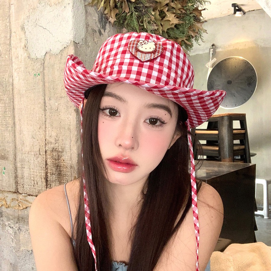 Plaid casual versatile sunscreen bucket hat sweet and cute kt cat big brim lace-up basin hat female big head