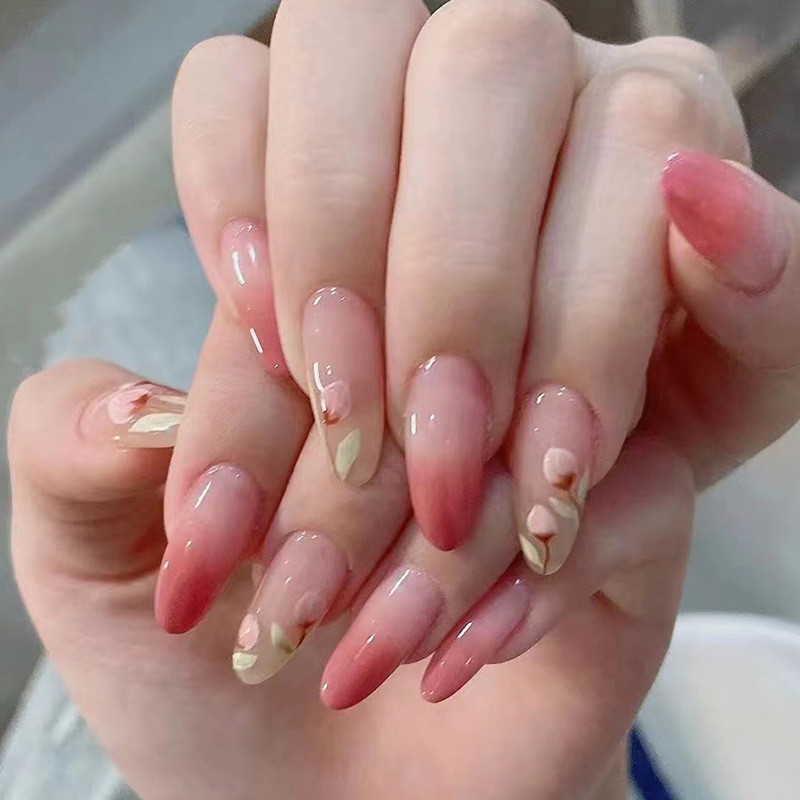 24Pcs Flower Pink Long Fake Nails with Glue DIY Art Design False Nails Wearable Artificial Nails