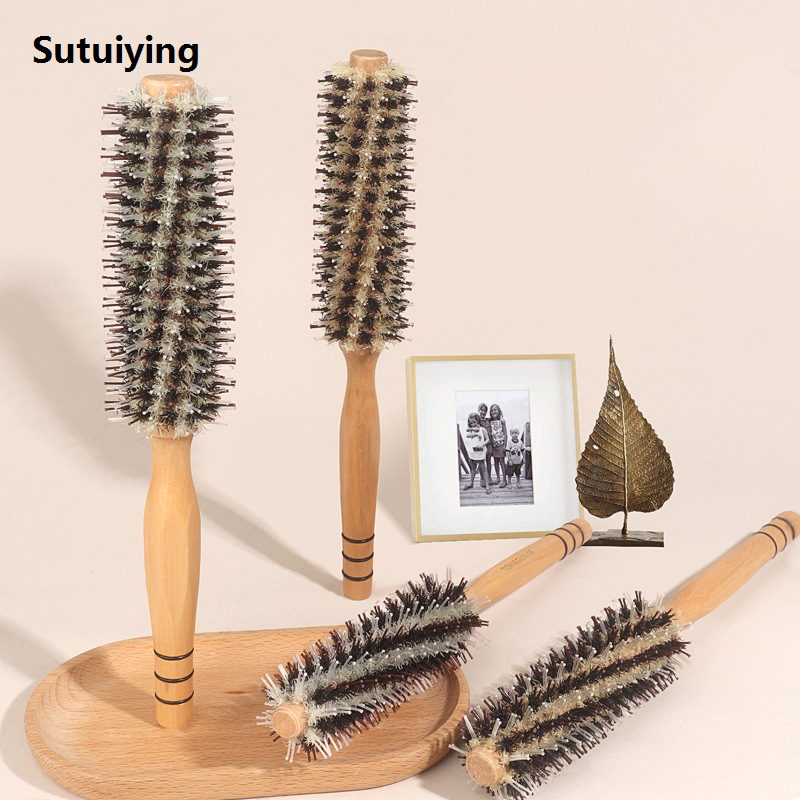 Sutuiying Natural Boar Bristle Roller Brush Barber Hair Roller Wood Hair New style Brush Round Barrel Hair Comb For Women Curly Hair Hairdressing
