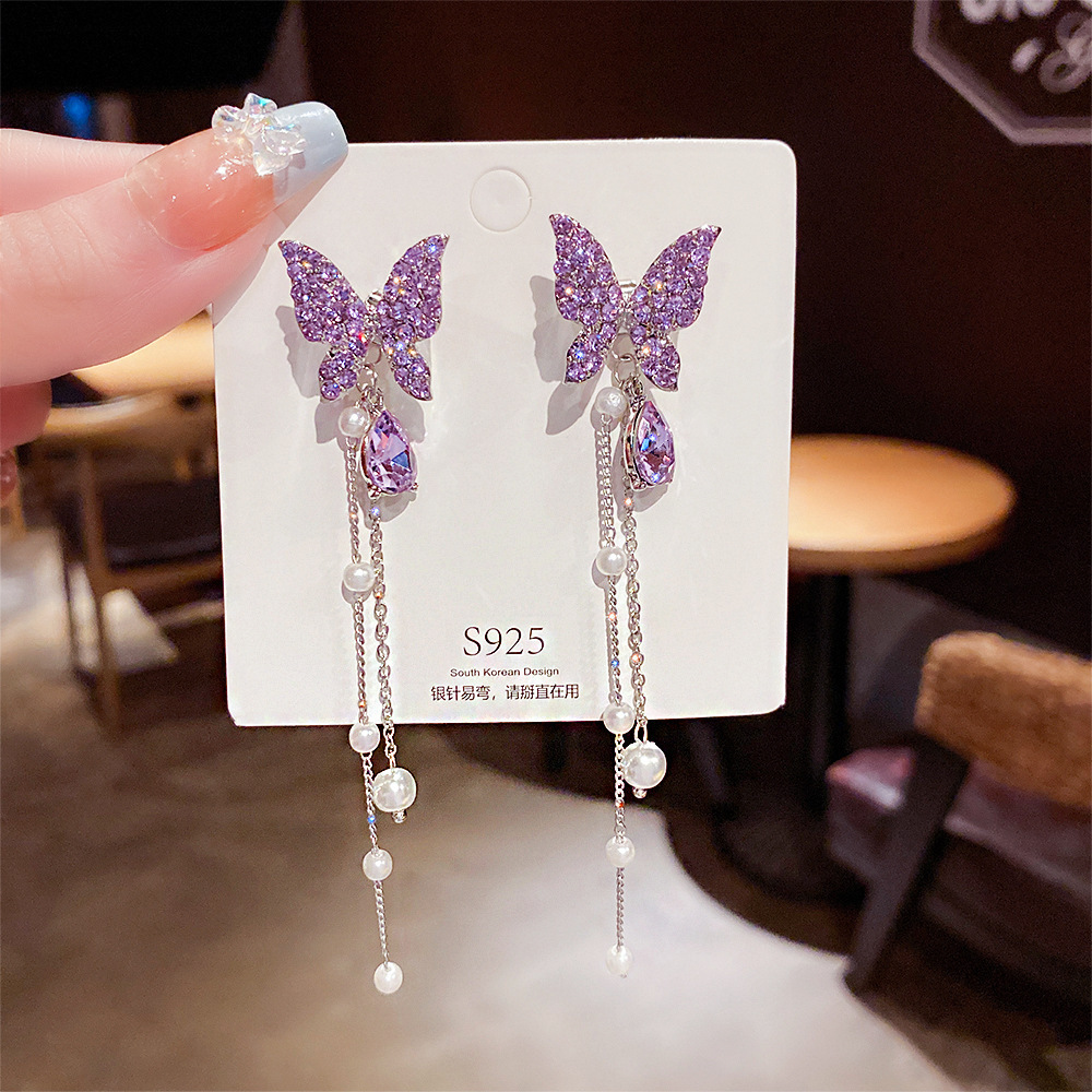 1 pair Lavender Dreams Butterfly Earrings - Silver Tone Purple Crystal Lever Back Drop Earrings with Pearl Tassel Accents, Chic Metal Drops & Danglers for Women and Girls
