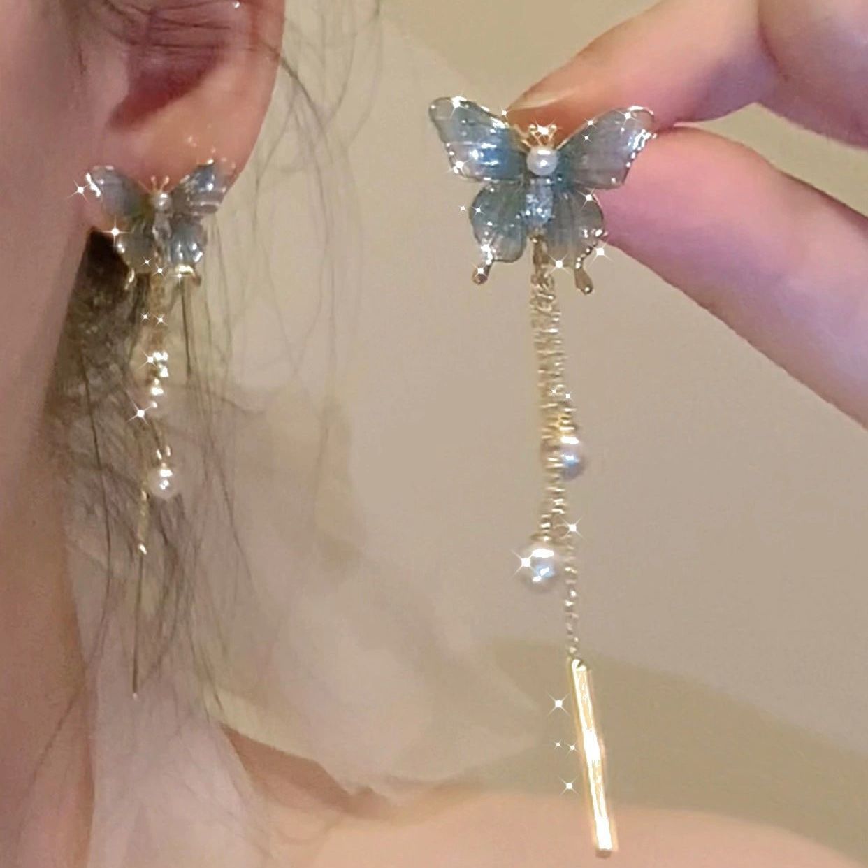 Blue Gray Gradient Metal Butterfly Pearl Tassel Earrings 2023 New Chinese Niche Drop Earrings Studs