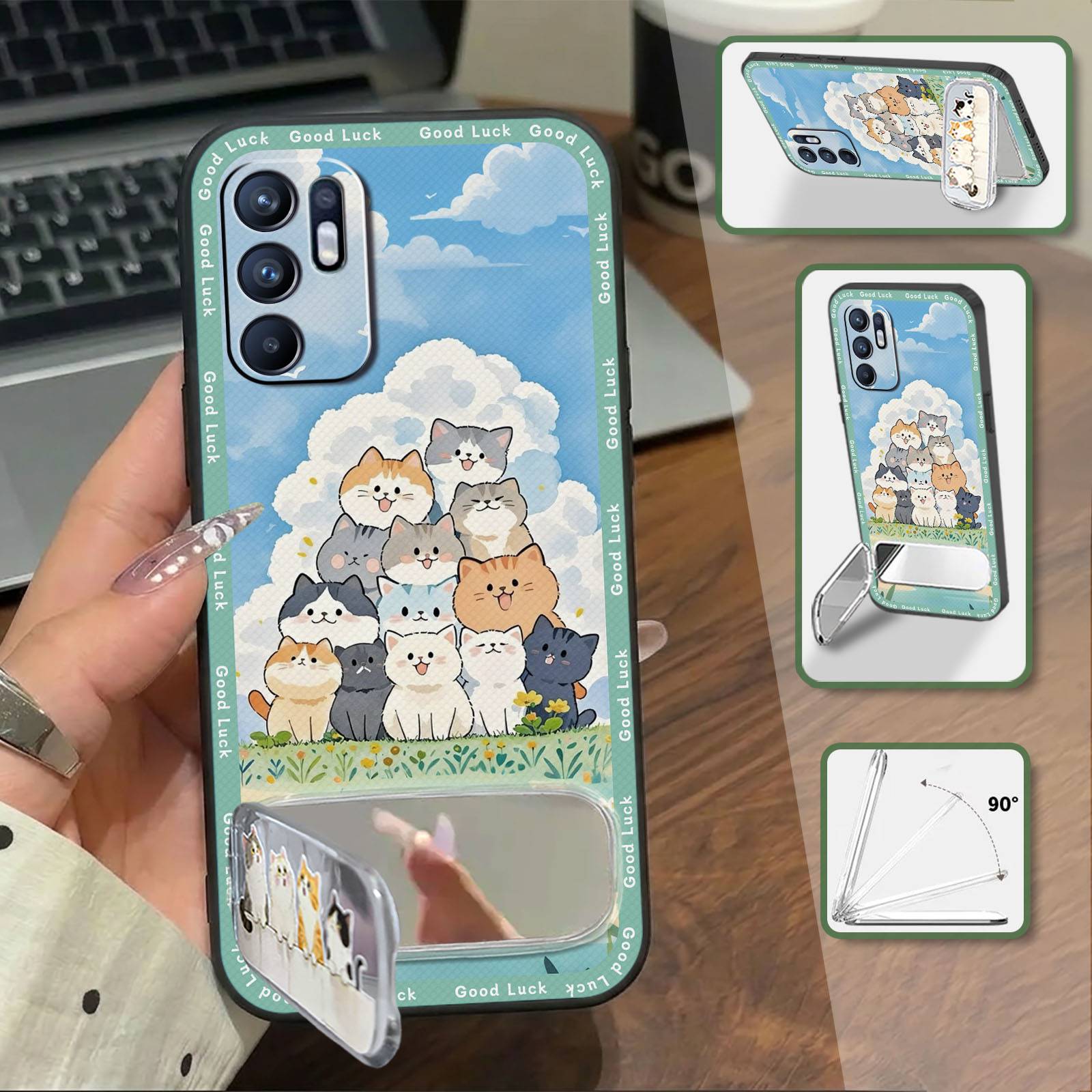 Waterproof Cartoon Phone Case For OPPO Reno6 4G Soft case Kickstand Makeup Mirror Phone Holder Embroidery Fashion Design