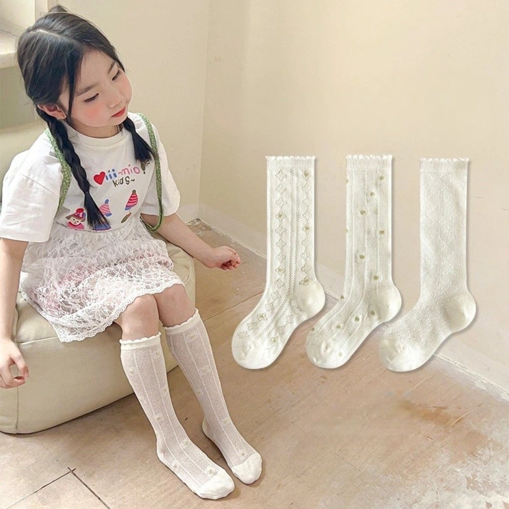 3 Pairs New Floral Pattern Knee High Sock Stars Hearts White Over the Calf Socks Ruffle Design Breathable Mesh Summer Girls Socks Princess Style