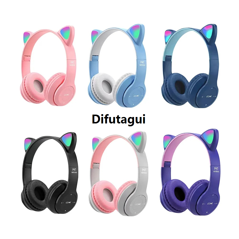 Difutagui Stereo Sound Bluetooth Headset HiFi Stand Wireless Headphones with New Fashion Cute Bluetooth 5.0 LED Light Y08M Luminous Cat Ear Headphones