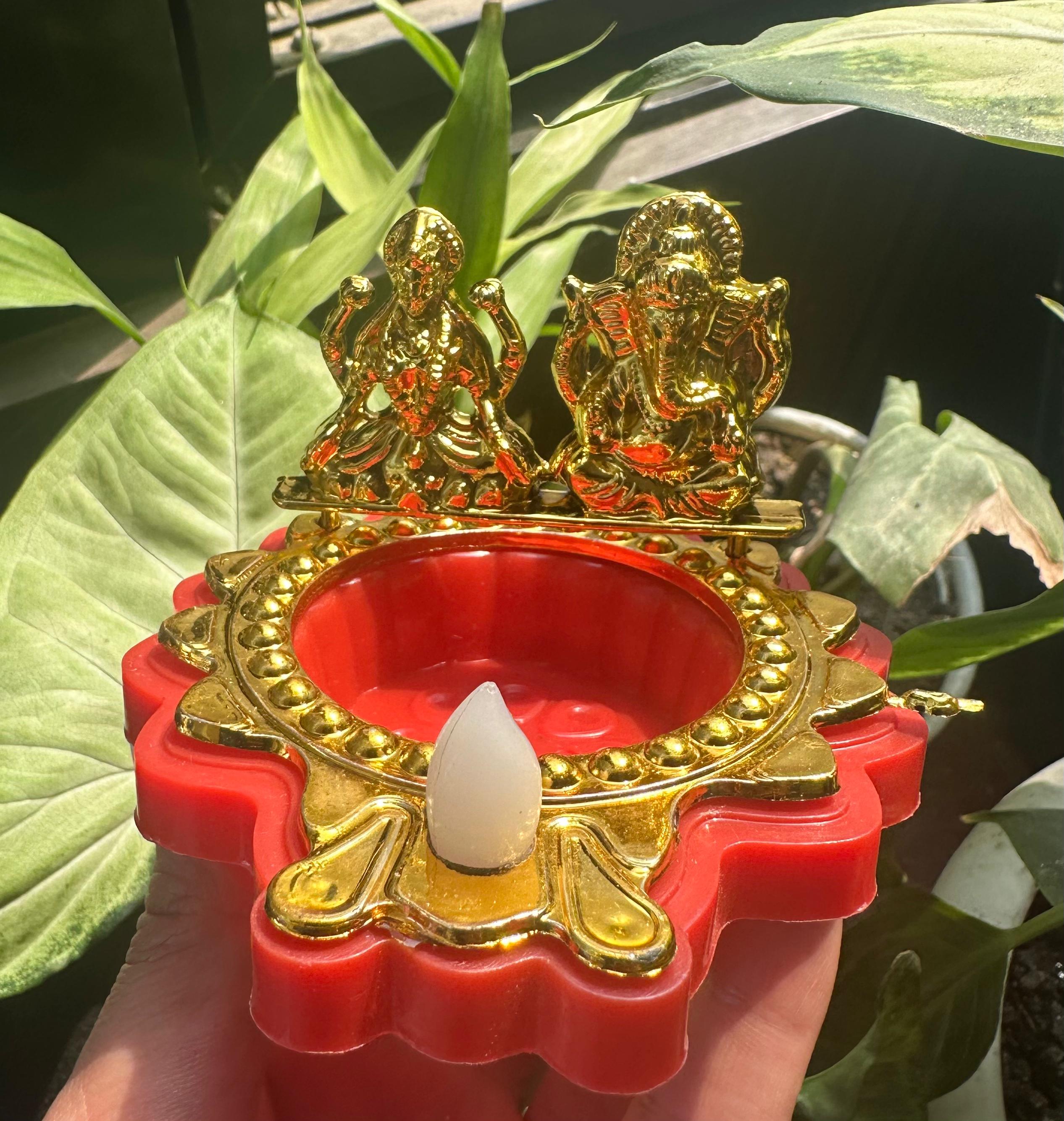 Water Sensor LED Diya with Ganesh & Laxmi Statue - Battery-Operated Diyo with Yellow Ambient Light for Home Decor & Festivals