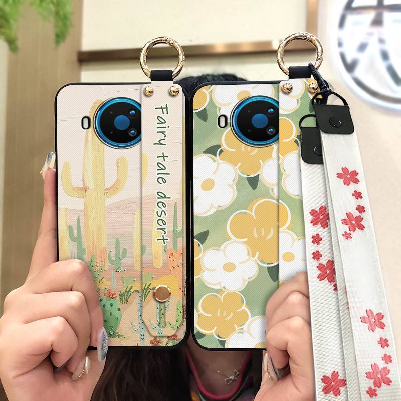 Anti-dust Phone Holder Phone Case For Nokia 8.3/8 V 5G UW Kickstand protective Silicone flower Wrist Strap Soft case