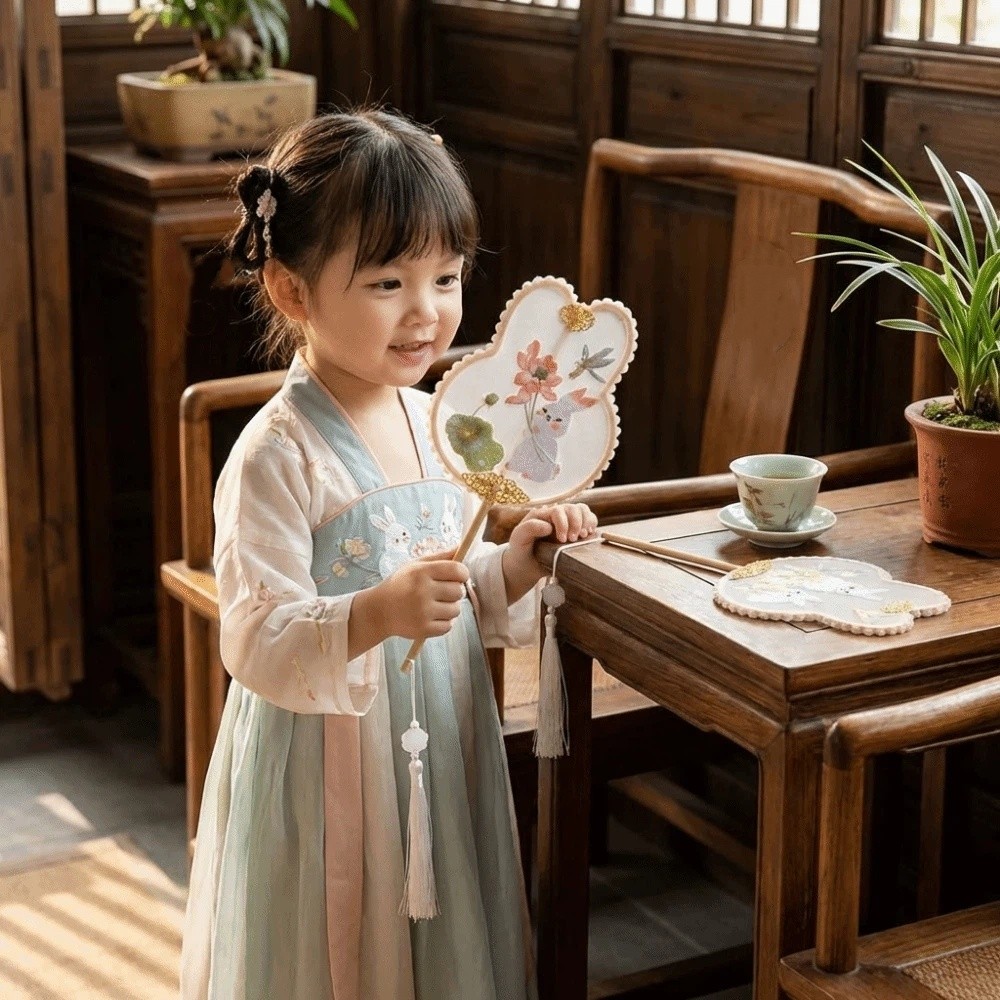 Cute Handheld Chinese Style Embroidery Fan Rabbit Shaped Long Handle Ancient Style Fan with Tassel Embellished Dance Fan Photography Prop