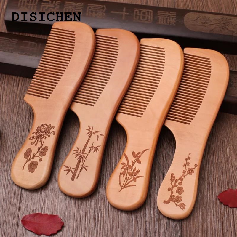 DISICHEN Hot Selling 1pcs Anti-Static Handcrafted Fine Tooth Comb Natural Peach Wood Comb Massage Head Classic Comb Hair Styling Women Hair Care Tool
