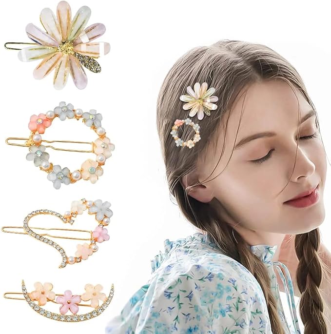 4 Pcs Korean Style Flower Hair Clips with Rhinestones - Elegant Hair Lock Pins & Accessories for Girls and Women - Best Gift Ever By 99 Stores