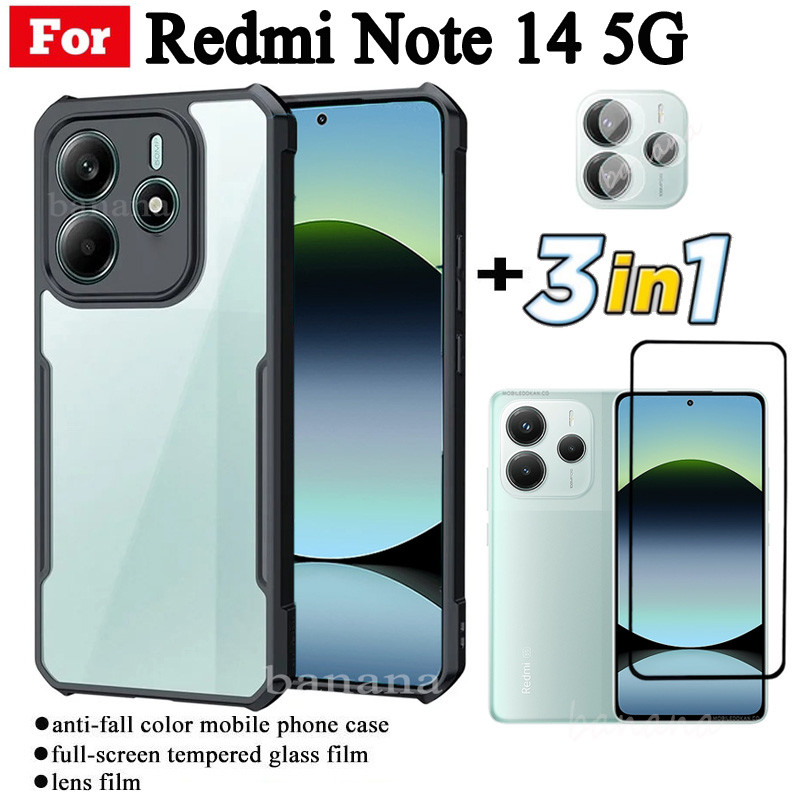 3 IN 1 Redmi Note 14 5G Anti-fall Mobile Phone Case for Redmi Note 13 Pro Note 12 4G 14C Tempered Glass Film+lens Film