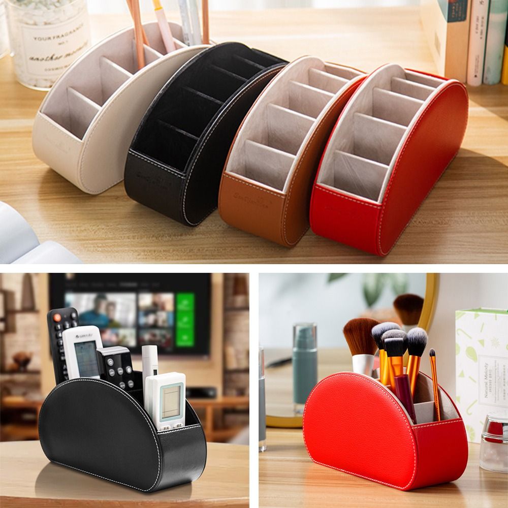 5 Grid PU Leather Remote Control Cosmetics Brush Holder Desktop Organizer Desk Storage Box Pen Case