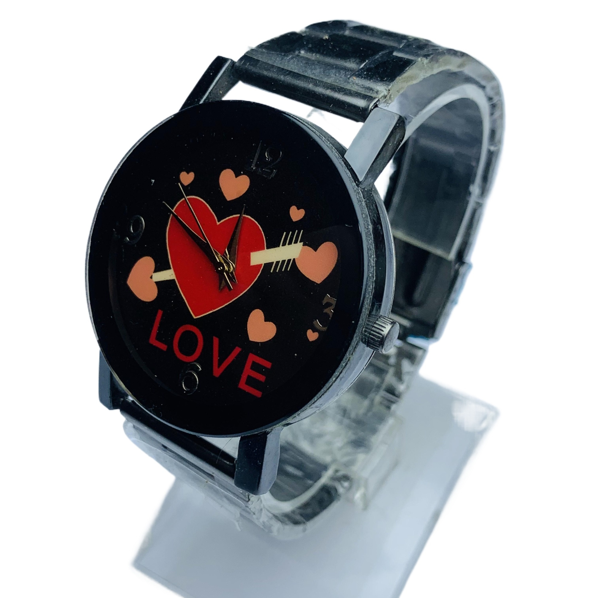 Gift For Your Lover-Attractive Design Round Black Love Design Dial Stainless Steel Black Chain Watch For Women