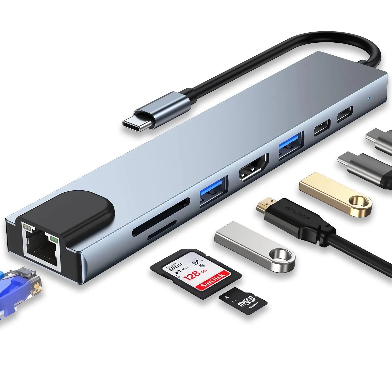 8 in 1 Type C Hub with USB, RJ45 Ethernet, Type C, SD Card, TF Card and HDMI Output