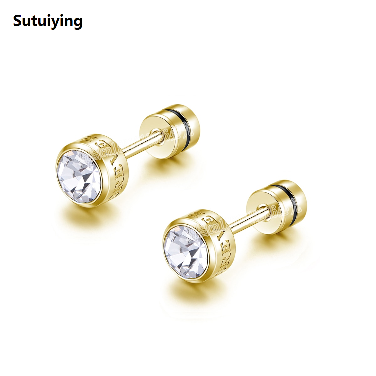 Sutuiying Stainless Steel Corroded letters ETERNAL LOVE CZ Zircon korean Earrings For Women Crystal Screw Titanium Steel Ear Studs Body
