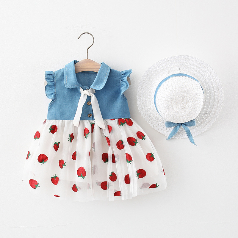 Linman Hot Selling + Small children's net denim girls new skirt baby 2024 sum2025 New mer gauze skirt strawberry print fresh casual wear hat children's wear