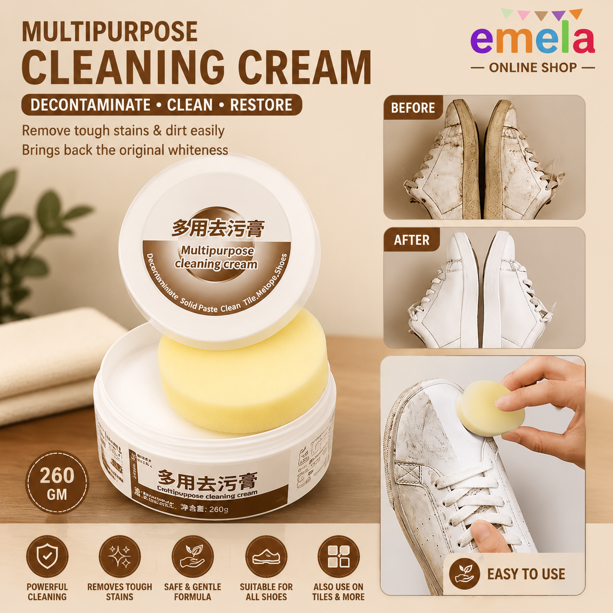 White Shoe Cleaner Cream, Shoes Decontaminate Solid Paste (1pc with sponge, 260 gm)