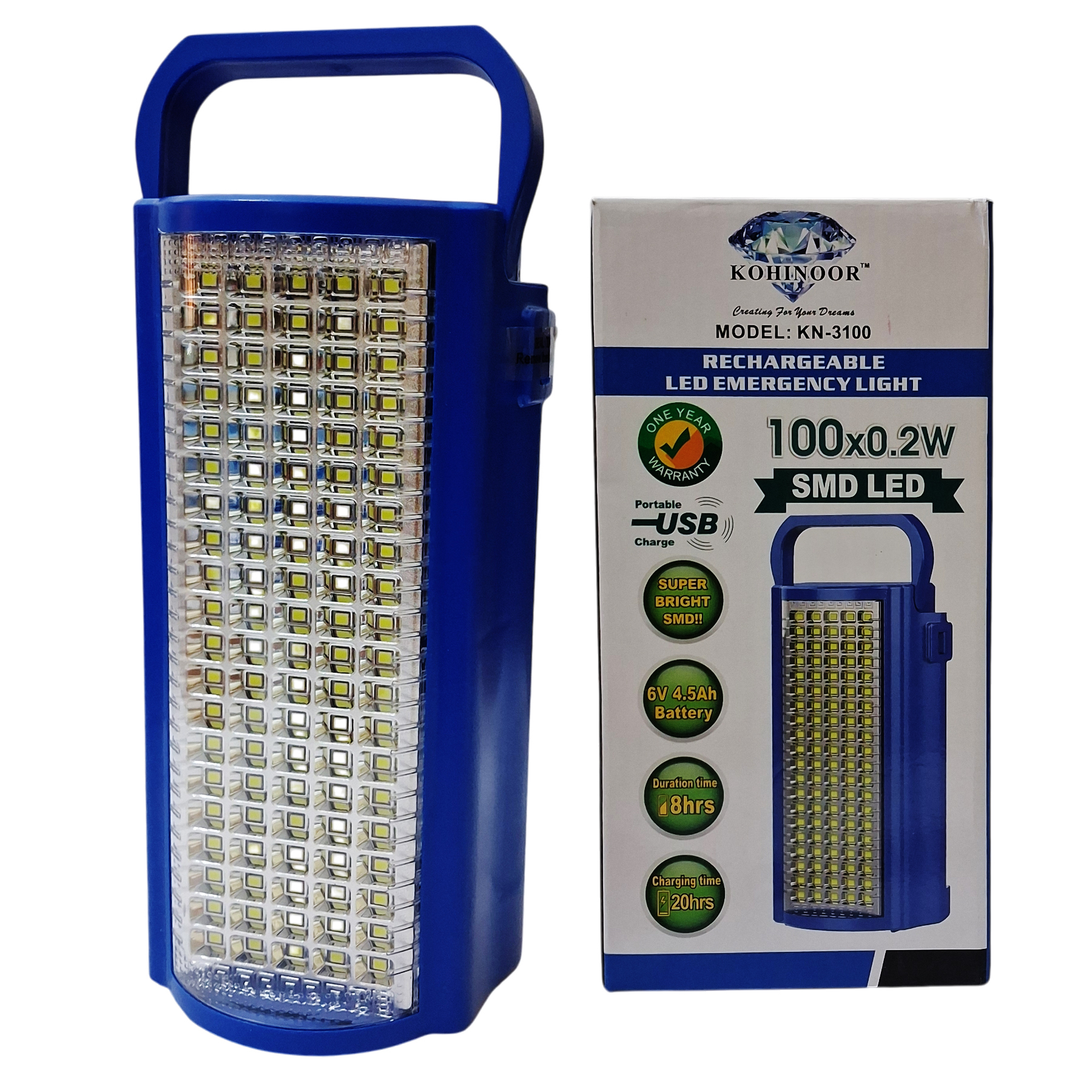 KOHINOOR KN-3100 Super Bright Rechargeable LED Emergency Work Light - 100 LEDs, 6V 4.5Ah Battery, 3 Brightness Modes - Perfect for Power Outages, Camping, Outdoor Use