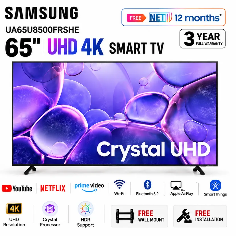 Samsung 65 inch Crystal 4K UHD Smart TV-UA65U8500FRSHE with free installion,free tv wall mount, 3 year warranty