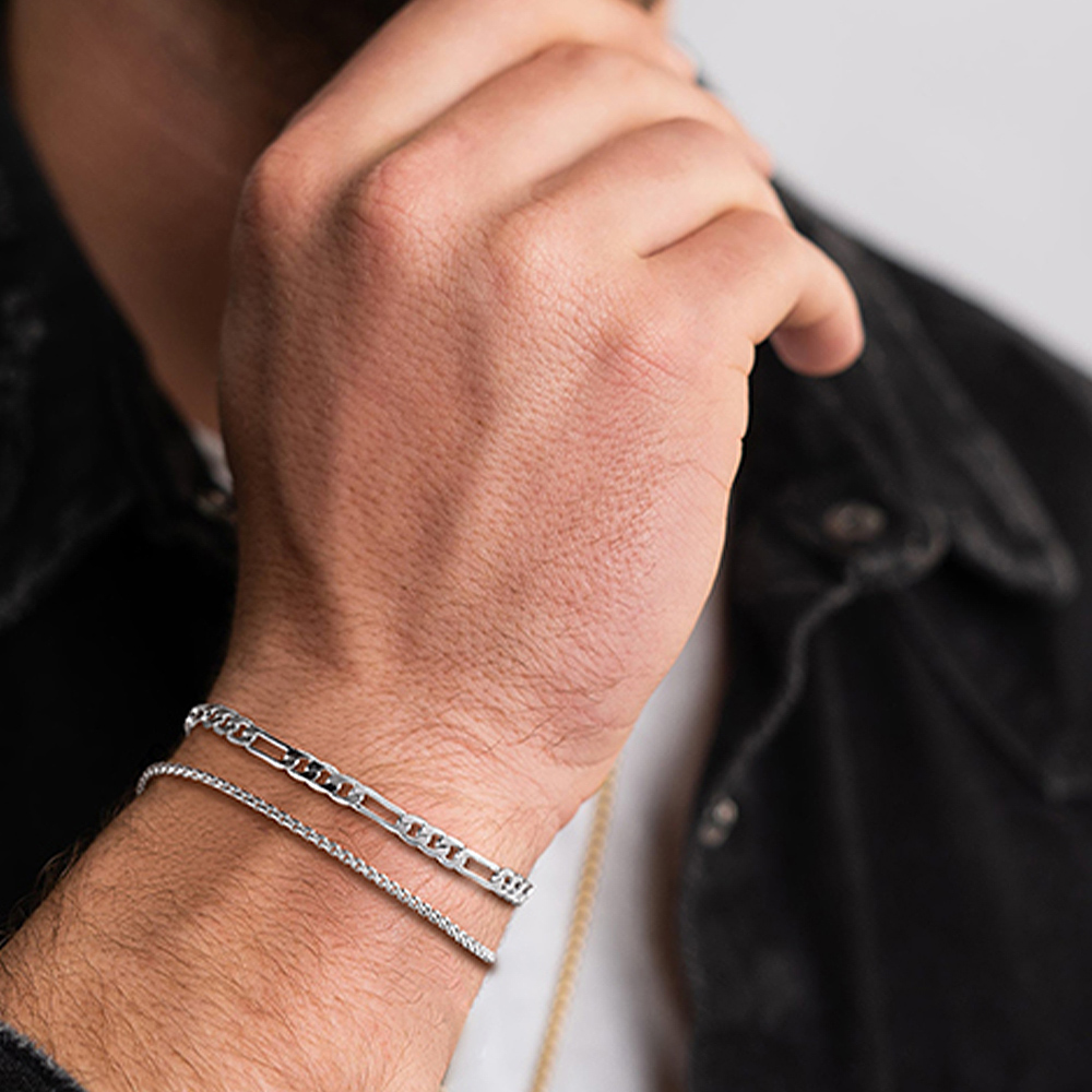 【HOT】 2PCS Simple Silver Color Stainless Steel Chain Bracelets Set for Men Metal Casual Street Daily wear Bracelet Jewelry
