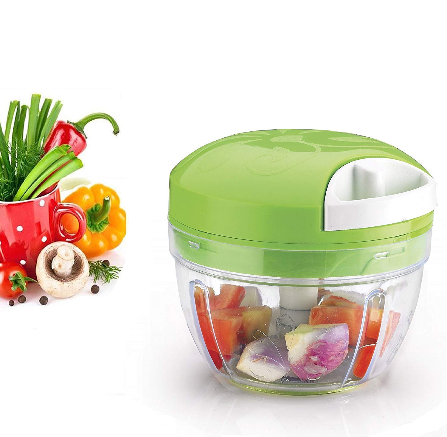 Multifunctional Speedy Vegetable And Fruit Food Chopper Spin Cutter With 3 Blades Manual Salad Maker