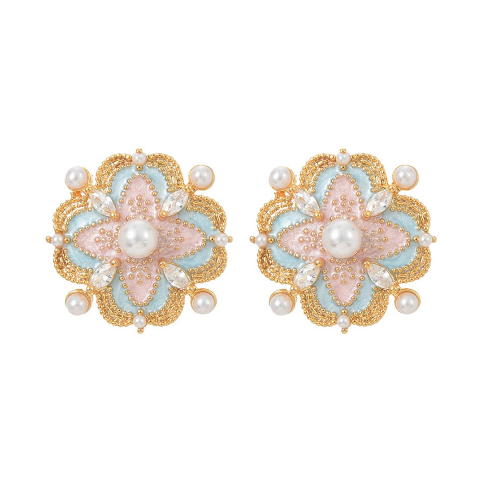 CARAT Middle-aged Women Jewelry 1 Pair Blue Enamel Flower Stud Earrings with Imitation Pearl Cubic Zirconia French for Women for Daily
