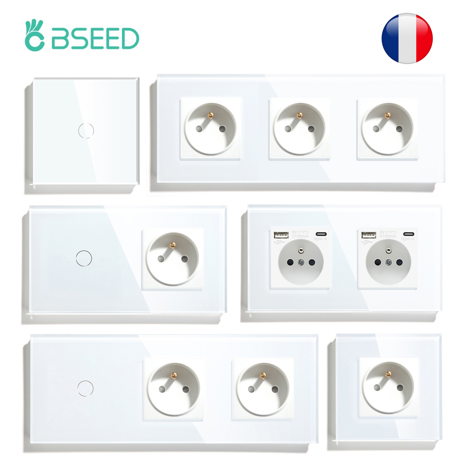 BSEED 1/2/3Gang Touch Switches 1Way Wall Light Switch With French Sockets USB Type-c Interfaces Glass Panel Blue Backlight