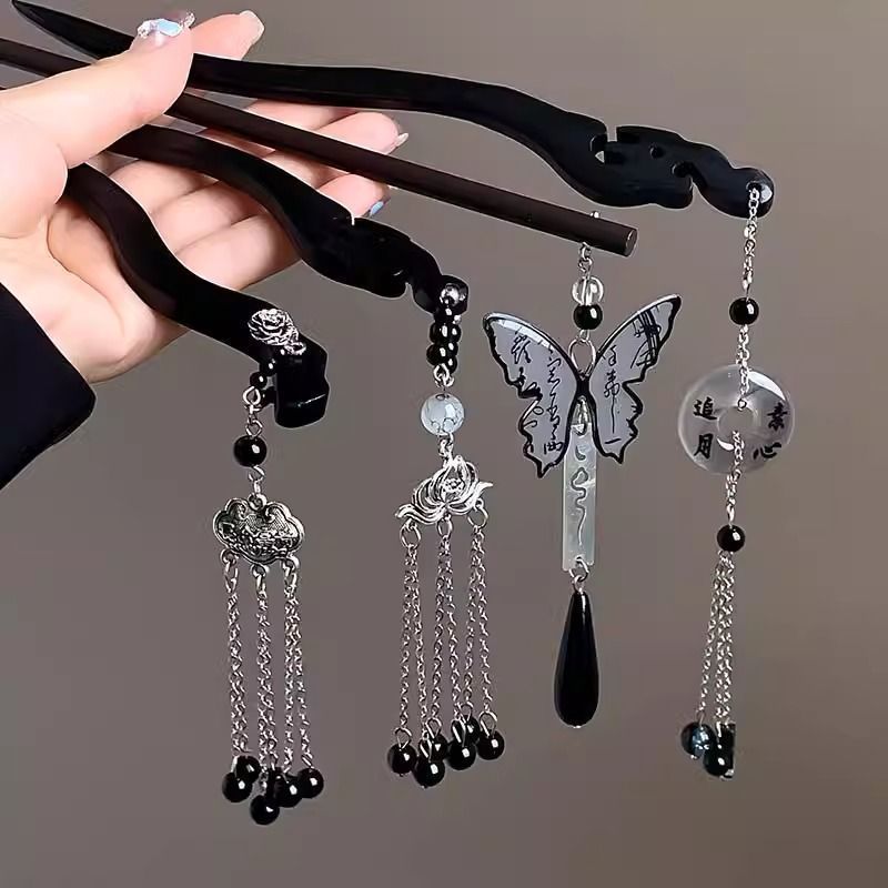 New Chinese Style Tassel Ancient Style Ebony Hairpin Cheongsam Wooden Hairpin Hair Stick Hanfu Hair Accessory Horse Face Skirt Accessory