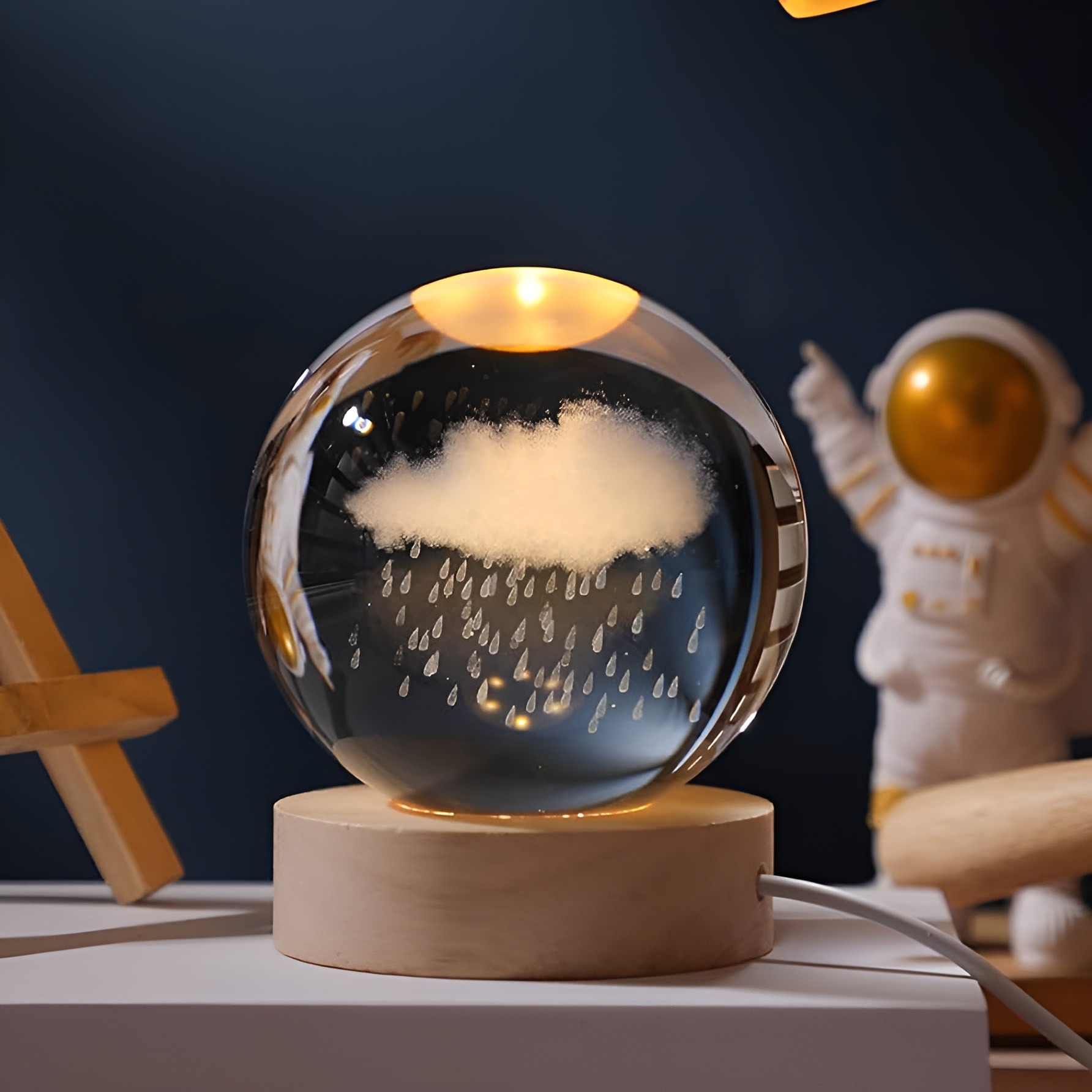 3D Crystal Ball LED Table Lamp with Wooden Base - 8cm