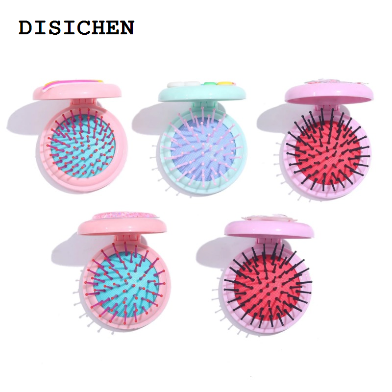 DISICHEN Fifty percent discount Cute Rainbow Cartoon Air Bag Comb Women Mini Portable Folding Hair Brush with Mirror Head Massager Cushion Pocket Styling Tools