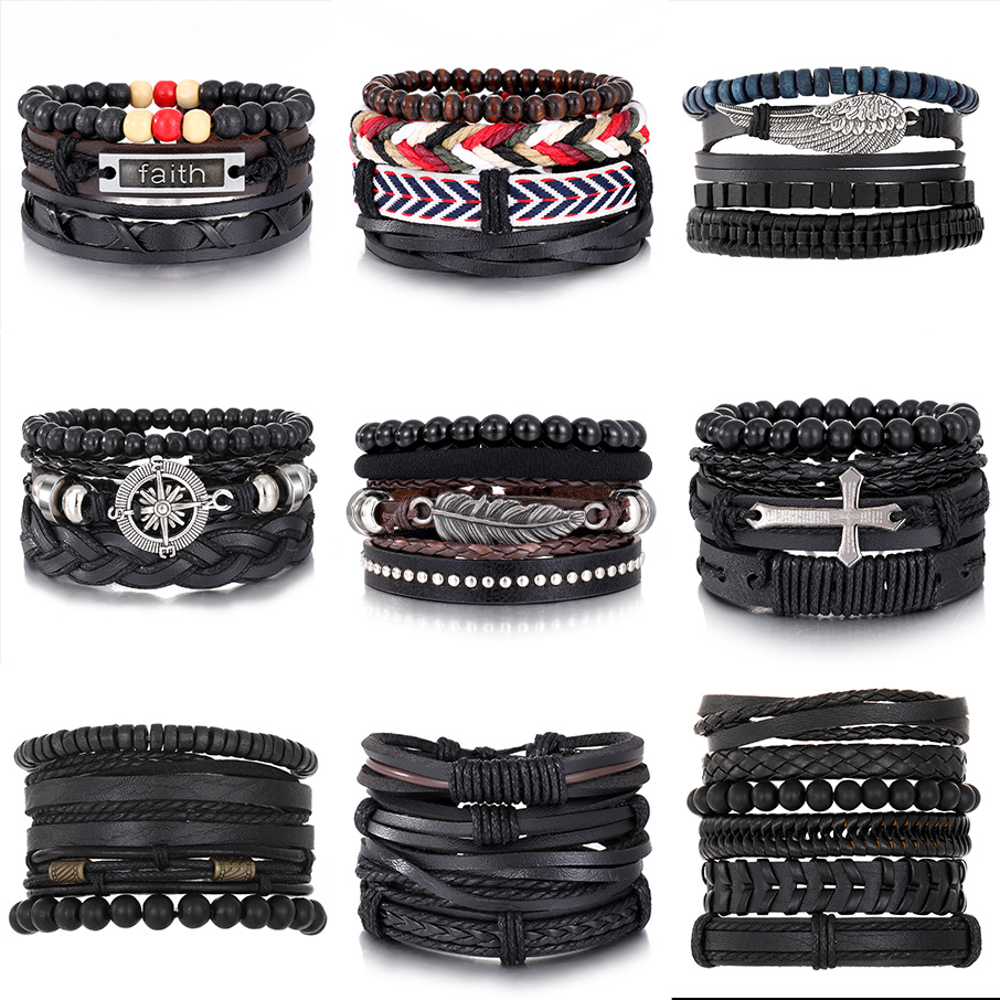 【Special offer】Vintage Multi-Layer Black Wooden String Leather Bracelet 4-Piece Set Personalized Men's Fashionable Woven Bracelet