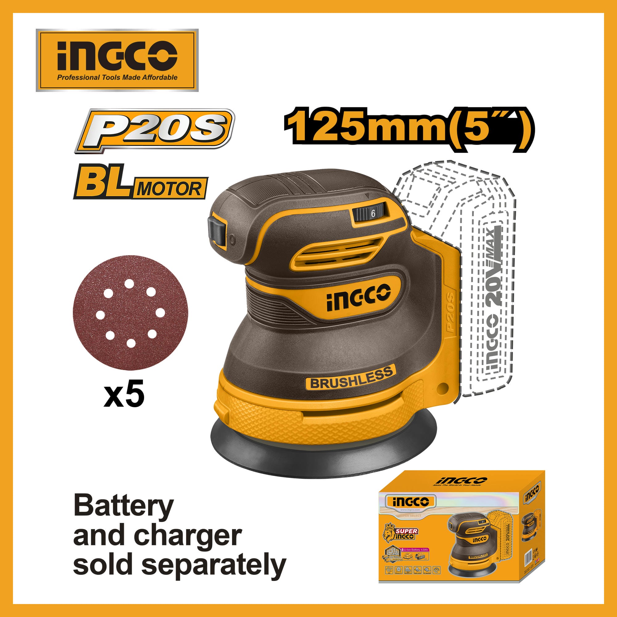 INGCO 20V Cordless random orbit sander With 5pcs sand paper CROSLI2002
