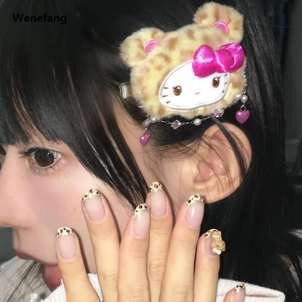 Wenefang Sanrio Hello Kitty Cinnamoroll Leopard Print Stuffed Hairclip Cartoon Profesional Cute Girl Bangs Clip Sweet Kitty Cat Side Clamp Hairclip