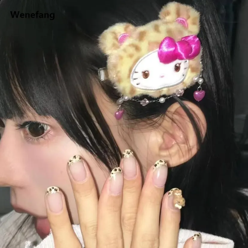 Wenefang Sanrio Hello Kitty Cinnamoroll Leopard Print Stuffed Hairclip Cartoon Fifty percent discount Cute Girl Bangs Clip Sweet Kitty Cat Side Clamp Hairclip