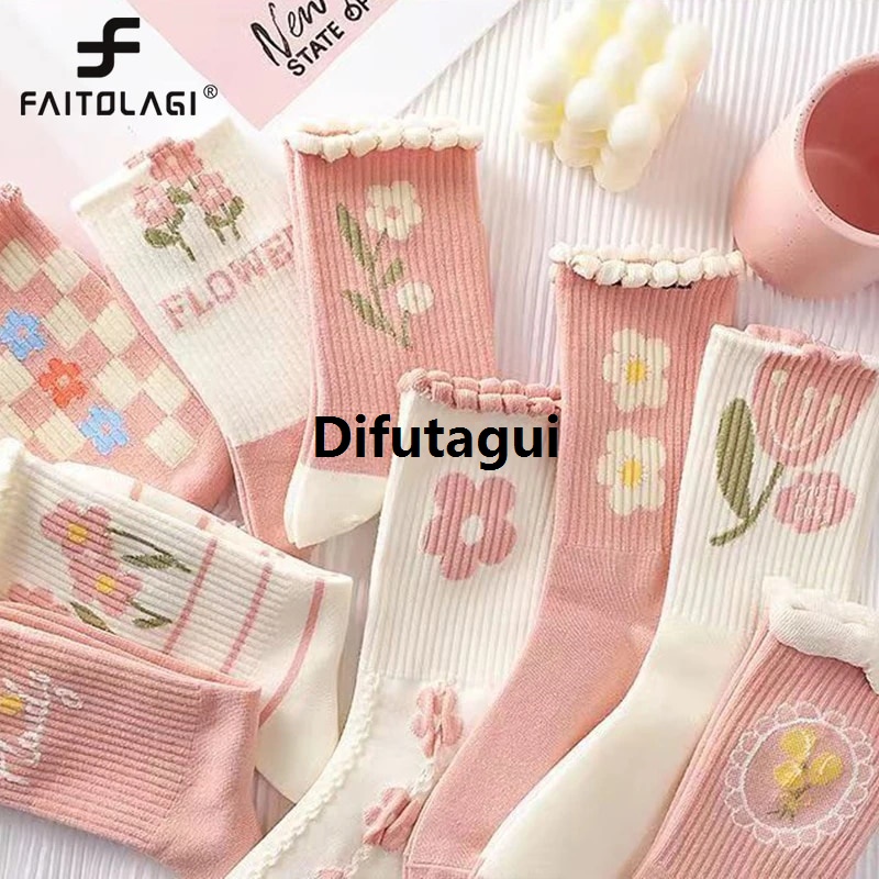 Difutagui Flower Print Women Long Socks Autumn Cotton Middle Tube Sock kpop Portable Y2K Harajuku Love Heart Female Stockings JK Girls Sokken Sox