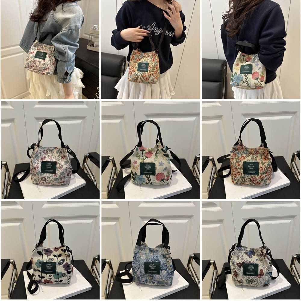 Retro Nylon Shoulder Bag Flower Pattern Comfortable Bucket Bag Large Capacity Portable Tote Bag